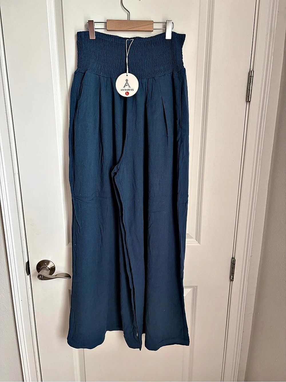 Anrabess Casual High Waisted Wide Leg Linen Blend Pants Blue Large